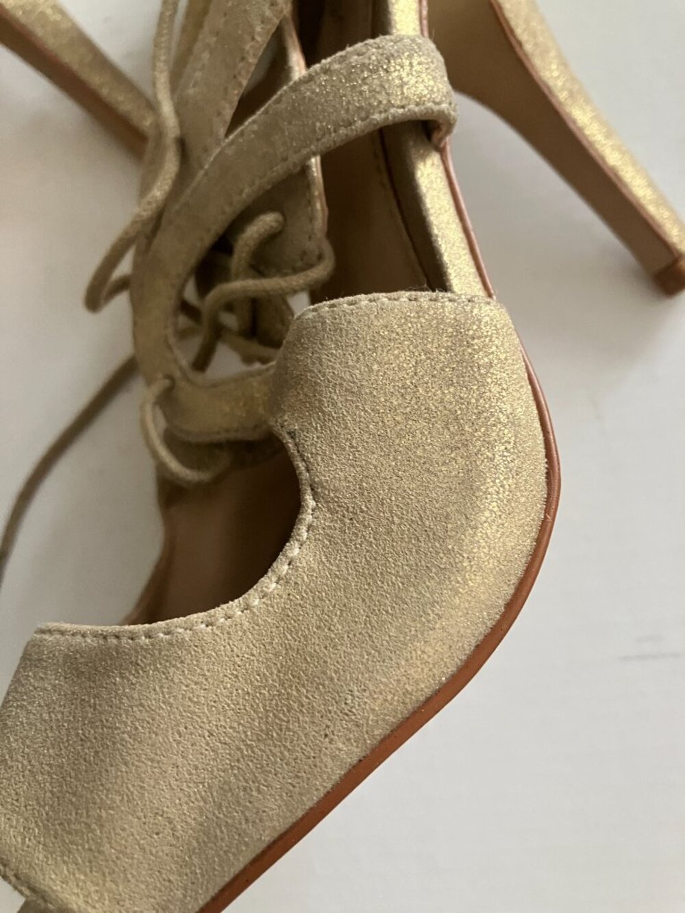 Firm Aldo Lace Up Open Stilettos Size 7 Gold Leather Upper - Picture 4 of 9